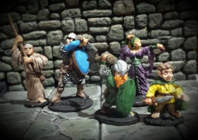 An old school adventuring party. All minis from the 1970s.