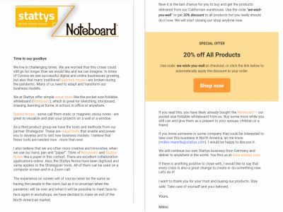 Stattys, the company that owns Noteboard is closing their US branch. They have a 20% off sale using the code
“we-wish-you-well”

I have one and just in case, bought another using this code.

I am not affiliated with the company.

These were all the rage in the G+ days. If you don't get one now, you'll be paying European shipping prices to get one.